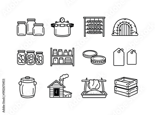 Food preservation homestead. Line icon set of Food preservation homestead: glass canning jars, pressure canner, drying rack, root cellar,