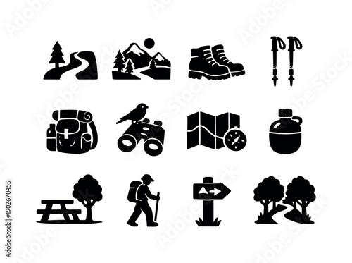Nature Hike Icons. Nature Hikes. Solid icon set of Nature Hikes: hiking trail, mountain forest view, walking boots, trek poles, backpack with gear, nature