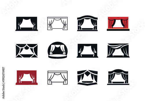Theater performances. Icon set. Set Logo of Theater performances: stage with curtain. harmonious logo variations of the same emblematic