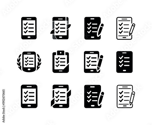 Gig economy. Icon set. Set Logo of gig economy: task checklist on device. harmonious logo variations of the same emblematic concept, each