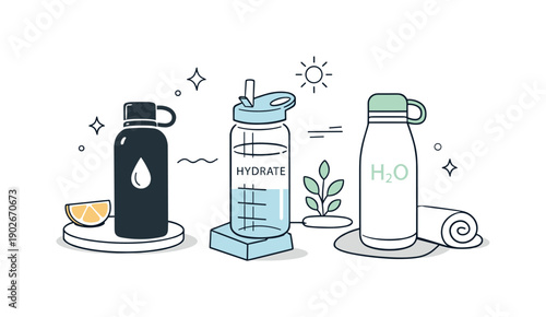 Modern Hydration Essentials. Hydration essentials layout. A set of modern water bottles with clean branding and structured shapes shown in an airy minimal