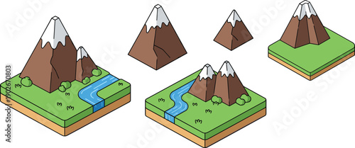 Isometric mountainous terrain illustration with grassy soil layers, rivers, trees, and snow‑capped peaks, featuring modular landscape tiles and standalone mountain elements for creative environments