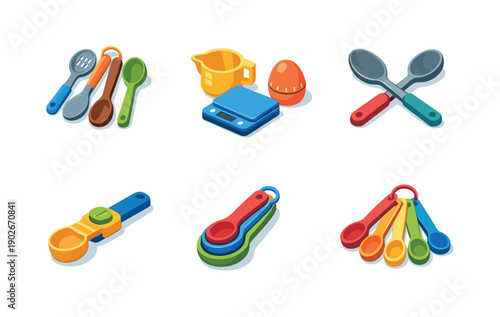 Cooking utensils. Isometric flat vector icons set of cooking utensils: spoon utensil set, kitchen measuring tool, culinary spoon pair,