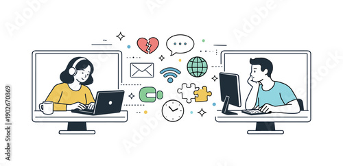 Connected Yet Distant. Remote work emotional distance. Two screens side by side, each showing a person working, with a visual gap between them filled with