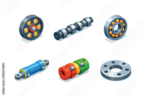 Industrial machinery parts. Isometric flat vector icons set of industrial machinery parts: flywheel, camshaft, roller bearing, hydraulic