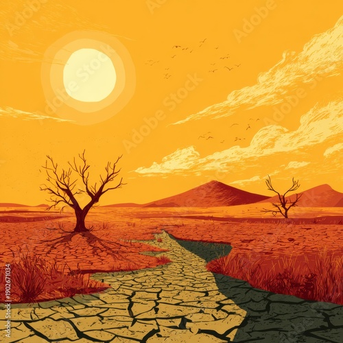 Arid desert landscape with cracked earth and dry trees