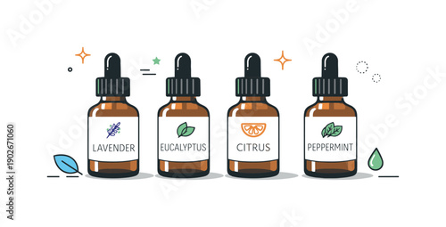 Essential Oils Minimalism. Essential oils minimal set. Several small glass bottles aligned in a row, simple labels and dropper tops visible. Quiet, modern