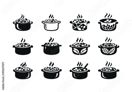 Cooking with whole grains and legumes. Icon set. Set Logo of cooking with whole grains and legumes: cooking pot with grains. harmonious logo