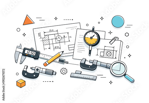 Engineering measurement workspace. Precision measuring tools laid out beside technical drawings, suggesting careful analysis and design