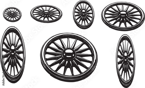 Collection of Spoked Wagon Wheels in Various Orientations spoked wheels vintage