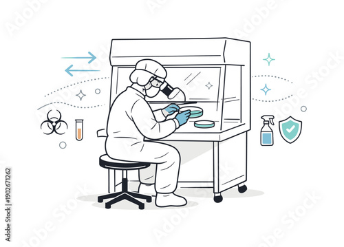 Cleanroom environments. A scientist inspecting samples under a hood, careful movements and quiet concentration. Light abstract particles and