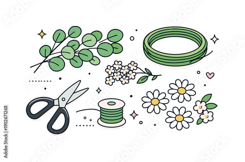 Spring wreath prep flat lay. Floral elements like eucalyptus, daisies and small blossoms arranged next to scissors and wire. Balanced and