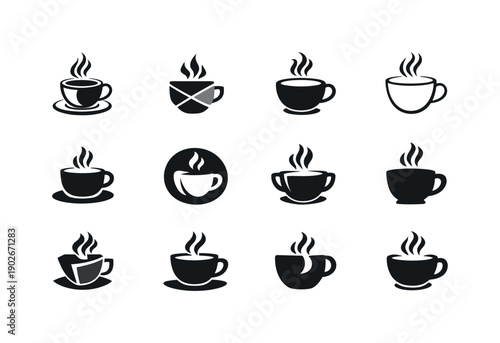 Local cafes. Icon set. Set Logo of local cafes: cafe sign and steam. harmonious logo variations of the same emblematic concept, each with