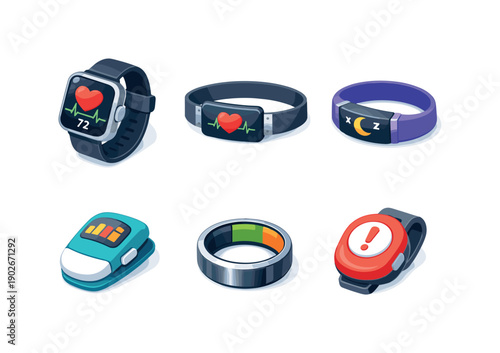 Wearable Health Icons. Wearable health. Isometric flat vector icons set of wearable health: smartwatch health screen, ECG wearable device, sleep tracking band,