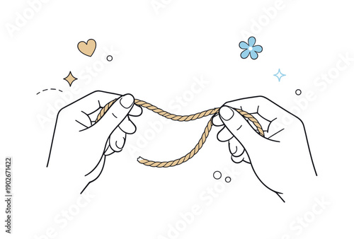 Natural twine rope. A person holding a piece of twine, preparing to wrap or tie something with care, expressing mindful interaction and