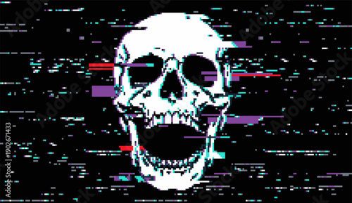 Cyberpunk Glitch Skull with Neon Static and Digital Noise