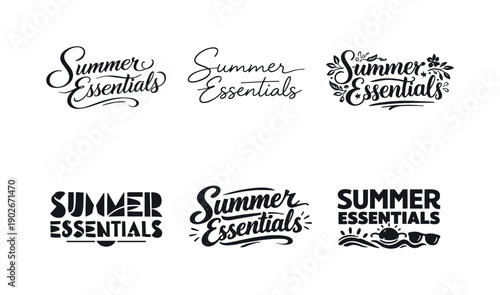 Summer Lettering Styles. Summer essentials style. Set lettering. harmonious lettering variations of the same emblematic concept, each with different artistic