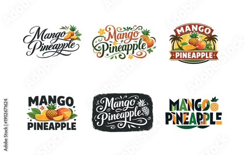 Mango Pineapple Typography. Tropical mango pineapple. Set lettering. harmonious lettering variations of the same emblematic concept, each with different