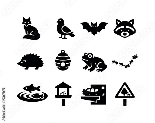 Urban Wildlife Icons. Biodiversity in Urban Environments. Solid icon set of urban wildlife: urban fox, pigeon, bat, raccoon, hedgehog, bee nest, garden frog,