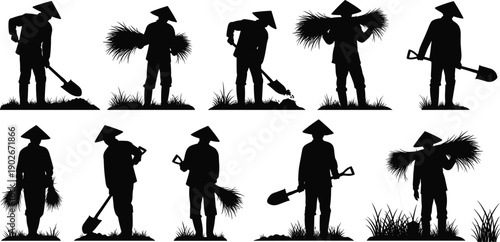 Black and white vector illustration of traditional Asian farmers wearing conical hats working in rice fields with agricultural tools and harvest