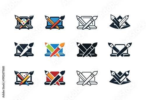 Freelancing. Icon set. Set Logo of Freelancing: creative tools combo. harmonious logo variations of the same emblematic concept, each with