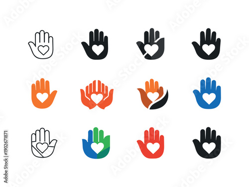 Human rights. Icon set. Set Logo of human rights: raised hand with heart. harmonious logo variations of the same emblematic concept, each