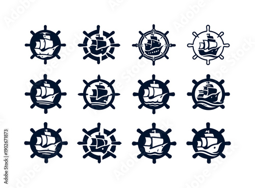 Exploration Icon Set. The Age of Exploration and famous explorers. Icon set. Set Logo of The Age of Exploration and famous explorers: historic ship steering