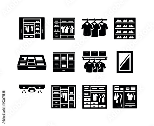Built-in closet systems. Solid icon set of built-in closet systems: walk in closet, wardrobe shelves, hanging rails, shoe storage, drawer