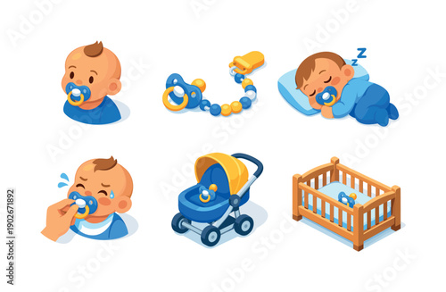 Pacifier use. Isometric flat vector icons set of pacifier use: baby using pacifier, pacifier clip attachment, pacifier during sleep, pacifier