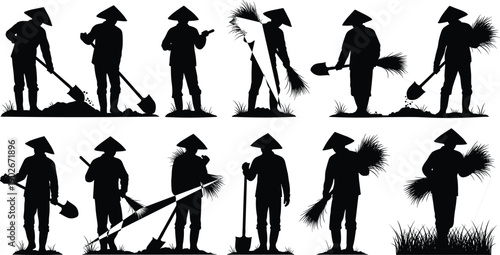 Black and white vector illustration of traditional Asian farmers wearing conical hats engaged in rice field agricultural work with tools