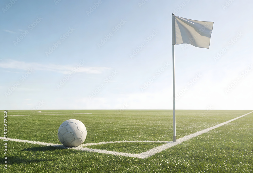 Obraz premium Soccer Ball At Corner Of Green Field Under Bright Sky With Distant Goal football