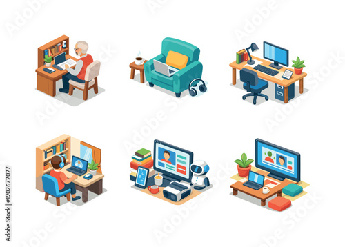 Home learning environment. Isometric flat vector icons set of Home learning environment: senior study corner at home, comfortable chair with