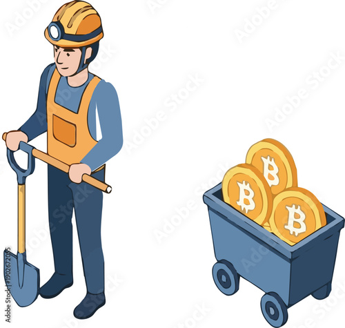 Isometric Miner with Shovel and Cart Full of Bitcoin Cryptocurrency Coins mining