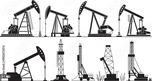 Black oil pump jack white background isolated industrial