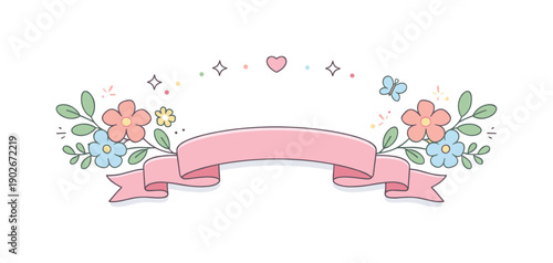 Floral ribbon pastel. A decorative ribbon and floral composition arranged symmetrically with generous white space and subtle line icons. The