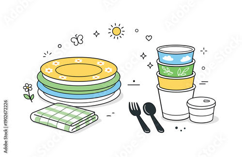 Reusable picnic tableware. Stackable plates and cups with simple patterns, ready for a spring picnic. Organized and mindful preparation with