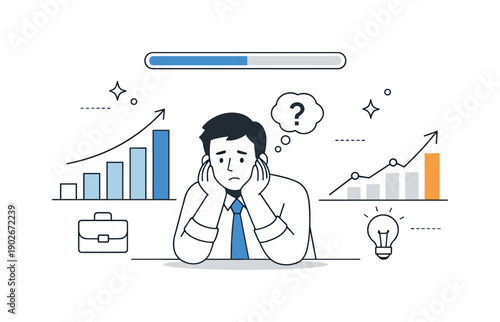Career stagnation anxiety. A progress bar above a character remains unchanged while other graphs move upward. Scene of professional pressure