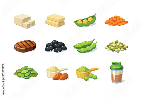 Plant Protein Icons. Plant protein. Colorful flat vector icons set of plant protein: tofu block, tempeh slices, chickpea pod, lentils, seitan steak, black