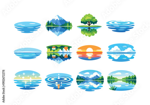Water Reflection Icons. Water reflection. Colorful flat vector icons set of water reflection: calm water mirror, mountain reflected in lake, tree reflection,