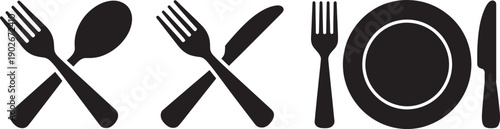 Black silhouettes of cutlery and plate on white background fork knife spoon