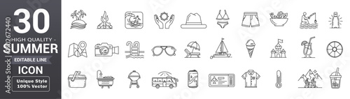Summer line icon set. Editable outline travel, beach, tourism, summer holidays, passport, sunglasses. and more collection. Vector illustration