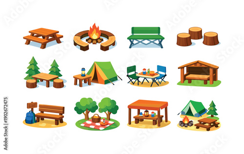 Campground seating. Colorful flat vector icons set of campground seating: rustic picnic table, fire pit bench, folding camp bench, wooden log