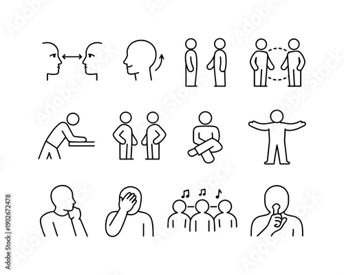 Nonverbal Cues Icons. Nonverbal communication cues. Line icon set of Nonverbal communication cues: eye contact, head nod, body orientation, personal space,