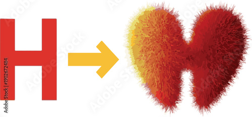 Red Letter H Transforms into Abstract Red and Yellow Spiky Heart Shape alphabet transformation