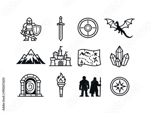 Epic fantasy adventure. Line icon set of Epic fantasy adventure: heroic knight, longsword, round shield, dragon flight, mountain peak,