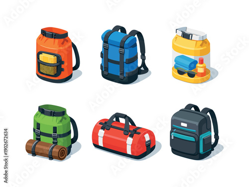 Dry bag types. Isometric flat vector icons set of dry bag types: kayaking dry bag, hiking dry bag, beach dry bag, camping dry bag, boating