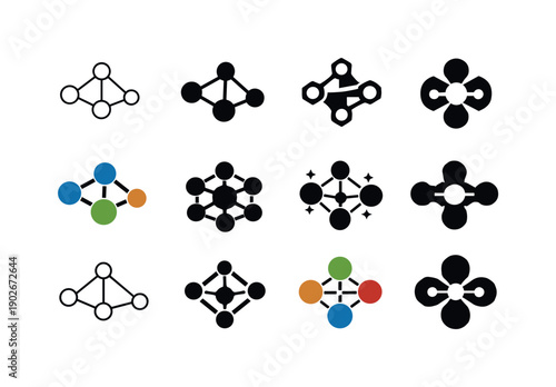 Recommendation Icons Collection. Recommendation engines. Icon set. Set Logo of recommendation engines: interconnected nodes network. harmonious logo variations