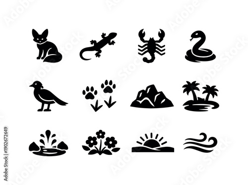 Desert camping experiences. Solid icon set of nature and wildlife: desert fox, lizard, scorpion, snake, desert bird, animal tracks, rocky