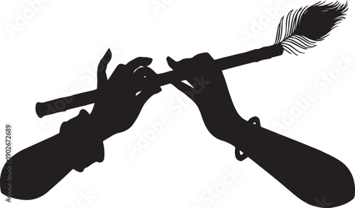 Silhouette of hands playing a flute with a feather on a white background music instrument