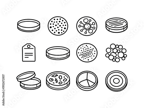 Laboratory Cultures. Line icon set of Laboratory Cultures: culture dish, bacterial dots pattern, mold growth ring, agar plate lines, sample